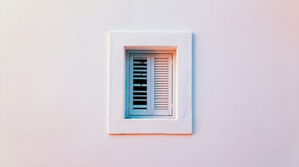 Fototapeta premium Minimalist building facade presenting a small shuttered window. Soft evening light creating subtle pastel color shifts on the wall
