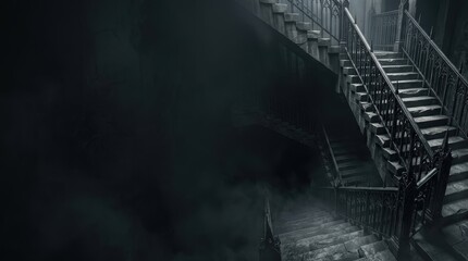 Obraz premium Gothic Architectural Horror Banner with Ancient Stone Staircase Descending into Dark Misty Abyss and Wide Copy Space