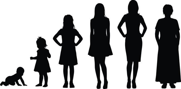 Female family life cycle silhouettes showing baby child teenager and adult women for family growth and development concepts