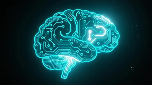 Glowing digital brain circuit board animation representing artificial intelligence processing data flows in motion video clip