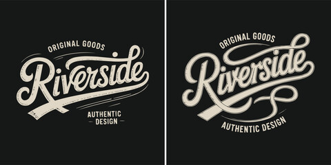 Obraz premium Riverside vintage script logo design featuring authentic goods branding typography style