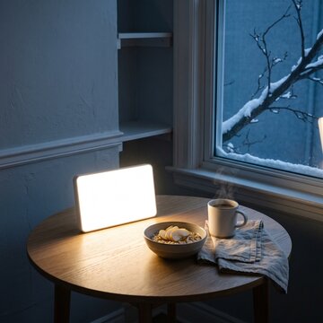 Bright light therapy lamp on a breakfast table with oatmeal and coffee on a dark winter morning