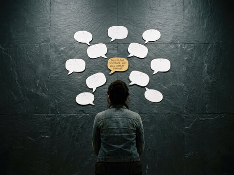 Thought bubbles over a lonely figure with anxiety and rumination
