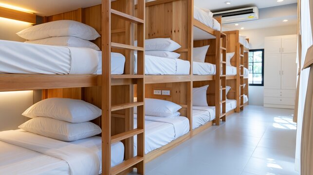 Modern hostel dormitory featuring built in wooden bunk beds, clean white bedding, and warm accent lighting