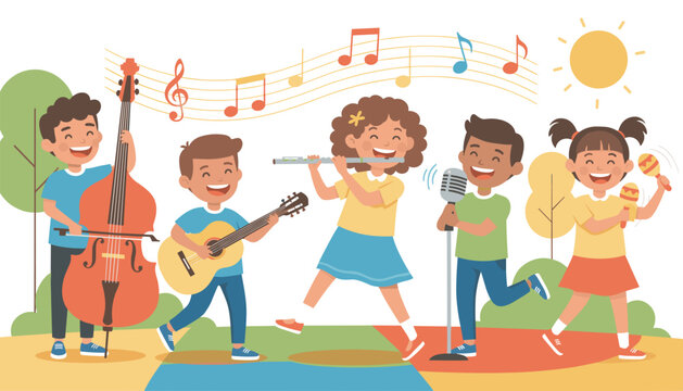 Group of talented children playing double bass guitar flute and singing with maracas in a sunny park with music notes.