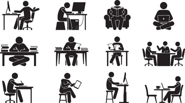 Black silhouette of people working at desks, using laptops, reading books, and attending meetings in office settings on white background