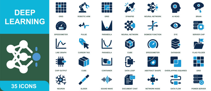 Deep learning sheet, set of 35 featuring neural networks, data processing, artificial intelligence, and mathematical symbols