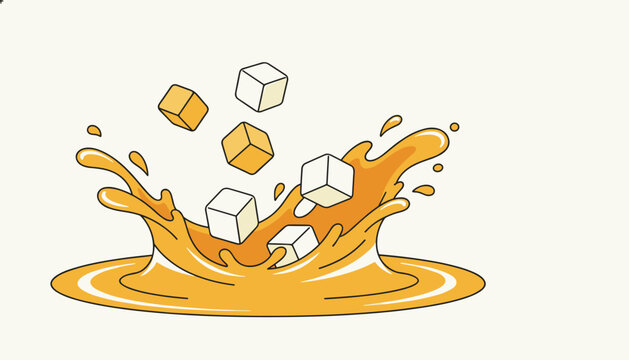 Dynamic orange liquid splash in a puddle with white and yellow sugar cubes falling into it against a plain background.