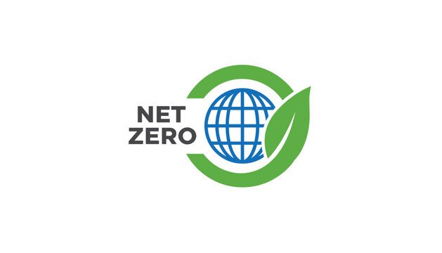 Net zero environmental logo featuring a blue wireframe globe enclosed in green circles with a green leaf accent.