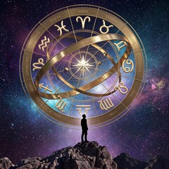 Fototapeta premium Astrology Zodiac Wheel with Figure in Cosmic Landscape