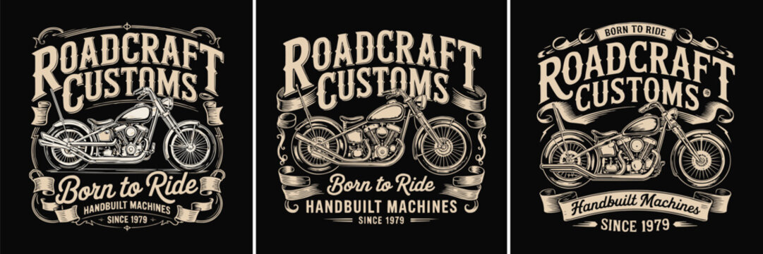 Vintage motorcycle emblem designs featuring custom roadcraft customs handbuilt machine art