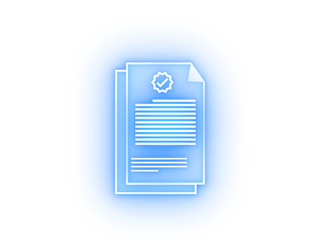 Glowing blue document icon with a holographic certification badge and text lines on a transparent background, representing approved paperwork, contracts, and official records.