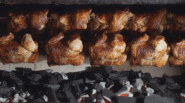 Rows of Authentic Peruvian Rotisserie Chicken Roasting on a Spit