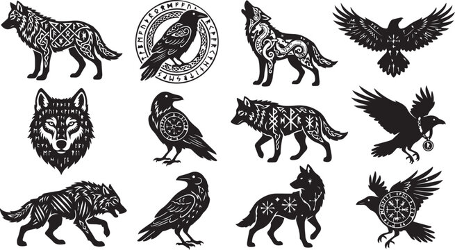 Set of black silhouette featuring wolves and ravens decorated with norse runes and celtic knotwork, isolated on white background