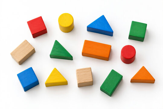 Colorful Wooden Geometric Blocks for Kids Education Isolated on White Background