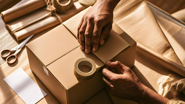 Top view of hands pressing down square cardboard box flaps on wooden workstation surrounded by brown paper rolls, scissors, and packing tape