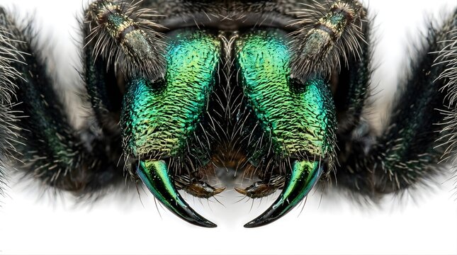 Extreme Macro Close-up of Metallic Green Spider Chelicerae and Fangs
