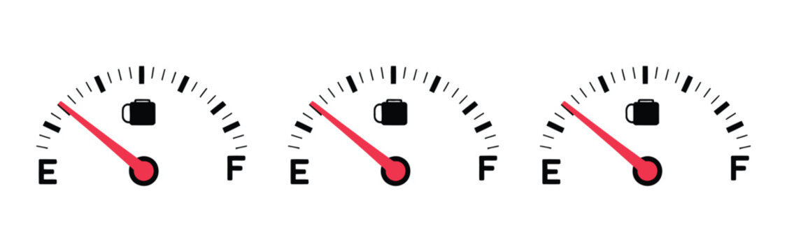 gas and fuel gauge meter full and empty icon set, gasoline level indicators for automotive dashboard monitoring transportation and vector illustration