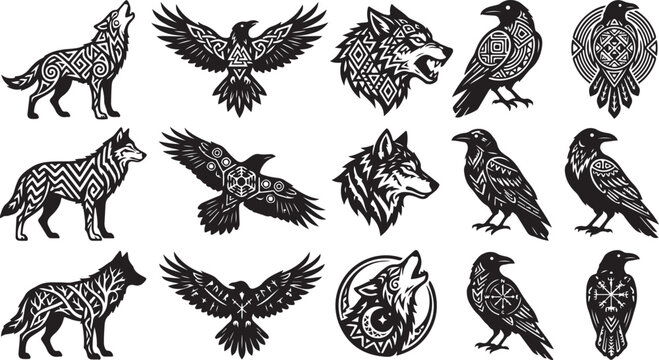 Twelve black and white tribal animal silhouettes of wolves and ravens featuring geometric patterns and norse mythology on white background