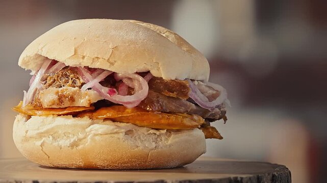 Traditional Peruvian Pan con Chicharron Pork Sandwich with Sweet Potato