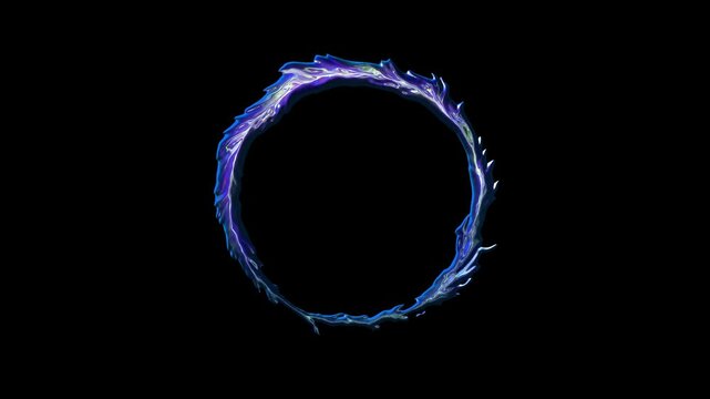 Glowing blue energy ring forms an incomplete circular portal on a dark background, creating a futuristic abstract symbol of power and motion.