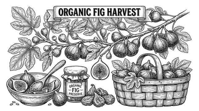 Very beautiful black and white realistic vector illustration of an ORGANIC FIG HARVEST COLLECTION featuring fig tree, leaves, developing fruit, ripe figs, sliced figs, seeds, dried figs, preserve jar,