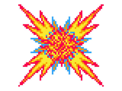 Vibrant Pixel Art Explosion Motif Featuring Multi-Colored Geometric Burst Patterns on a Crisp White Background for Digital Design