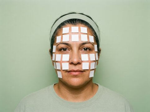 Facial mapping woman with skincare markers on face