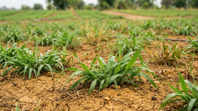 Bright green research plot with c4 grass, irrigation droplets, and dry ochre soil in an agricultural field trial.