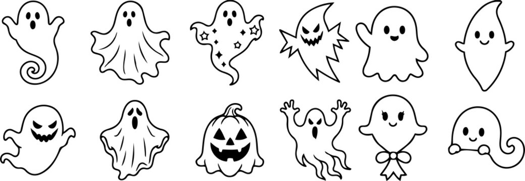 Set of cute hand-drawn halloween ghost characters and a carved pumpkin