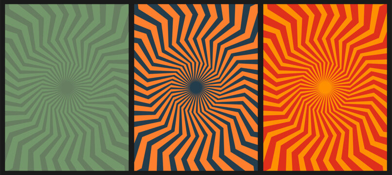 Set of three retro style abstract radial sunburst backgrounds with zigzag geometric lines in green orange and warm color palettes