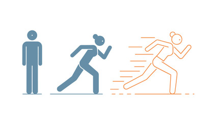Obraz premium Progression of stick figures depicting a person starting from a standstill and moving into a very fast run.