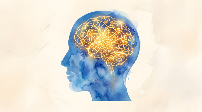 Watercolor silhouette of a human head with a glowing golden tangled knot symbolizing mental health anxiety, confusion, complex thinking, and psychological distress concept background art illustration