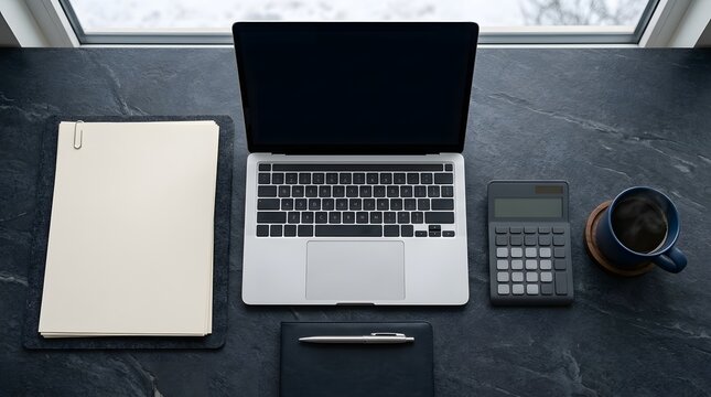 Laptop, calculator, notebook, and coffee cup on a dark stone desk