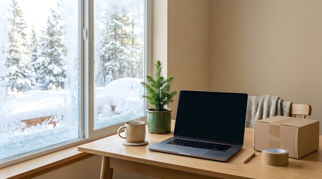 Laptop, coffee mug, and cardboard box on a wooden desk by a snowy window