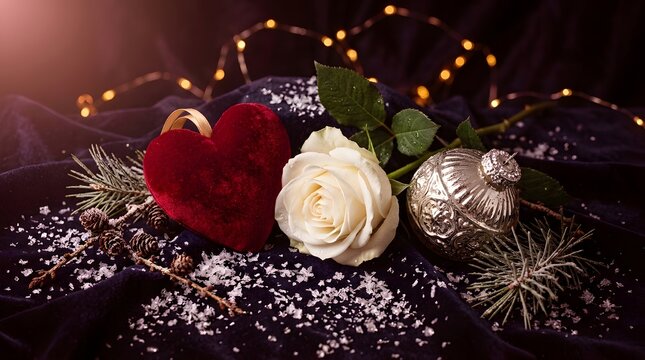 White rose, red velvet heart, and silver ornament on dark fabric