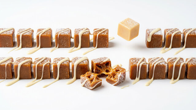 Rows of square caramel fudge candies topped with drizzle and one piece generated using ai