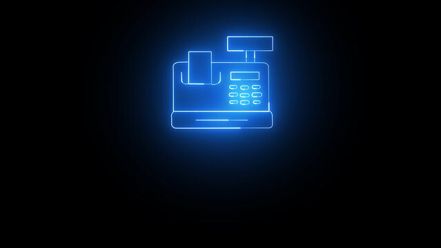Glowing neon blue line art icon of a classic cash register for retail and point of sale with register checkout business commerce