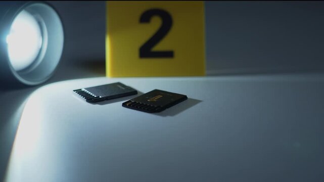 SD card digital evidence illuminated by flashlight beam as gloved hand places numbered marker at dark crime scene, cybercrime forensic investigation with focus shift and zoom in