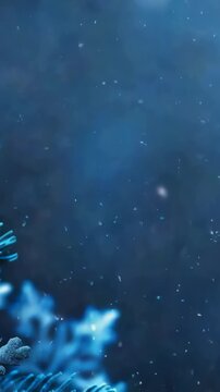 This image evokes a serene winter ambiance with focus on frosted pine needles and delicate snowflakes against a blue backdrop, suggesting peace and festivity.