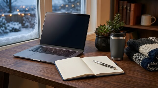 Open notebook and laptop on a wooden desk by a snowy window