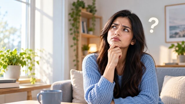 Young woman contemplating choices with hand on chin while pensive expression reflects deep doubt.