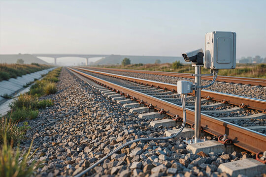 Security camera surveillance equipment mounted near railway tracks