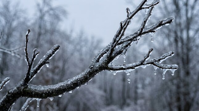 Tree branches encased in clear ice after a winter freezing rain storm