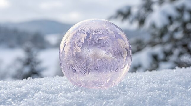Frozen soap bubble with delicate ice crystal patterns on snow