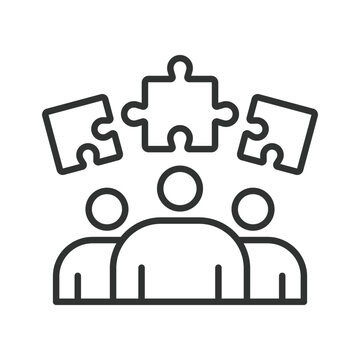 Teamwork and collaboration puzzle icon in line design. Teamwork, collaboration, puzzle, solution, people, group, community on white background vector. Teamwork and collaboration puzzle editable stroke