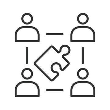 People connection and problem solving icon in line design. Connection, communication, network, relationship, problem solving, puzzle, people on white background vector. People connection and problem s