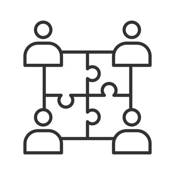 Team network and interconnected collaboration icon in line design. Team network, interconnectedness, collaboration, puzzle, people, structure, organization on white background vector. Team network and