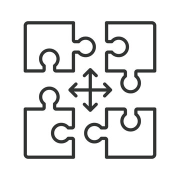 Puzzle pieces connection and problem solving icon in line design. Puzzle pieces, connection, solution, problem solving, strategy, options, choice on white background vector. Puzzle pieces connection a