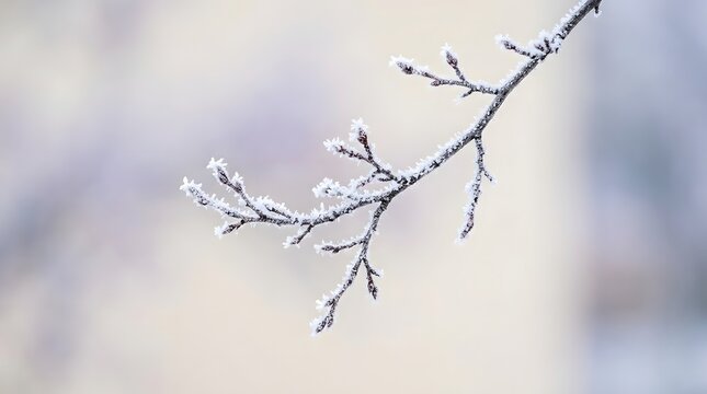 Frost-covered tree branch against a soft, blurred background